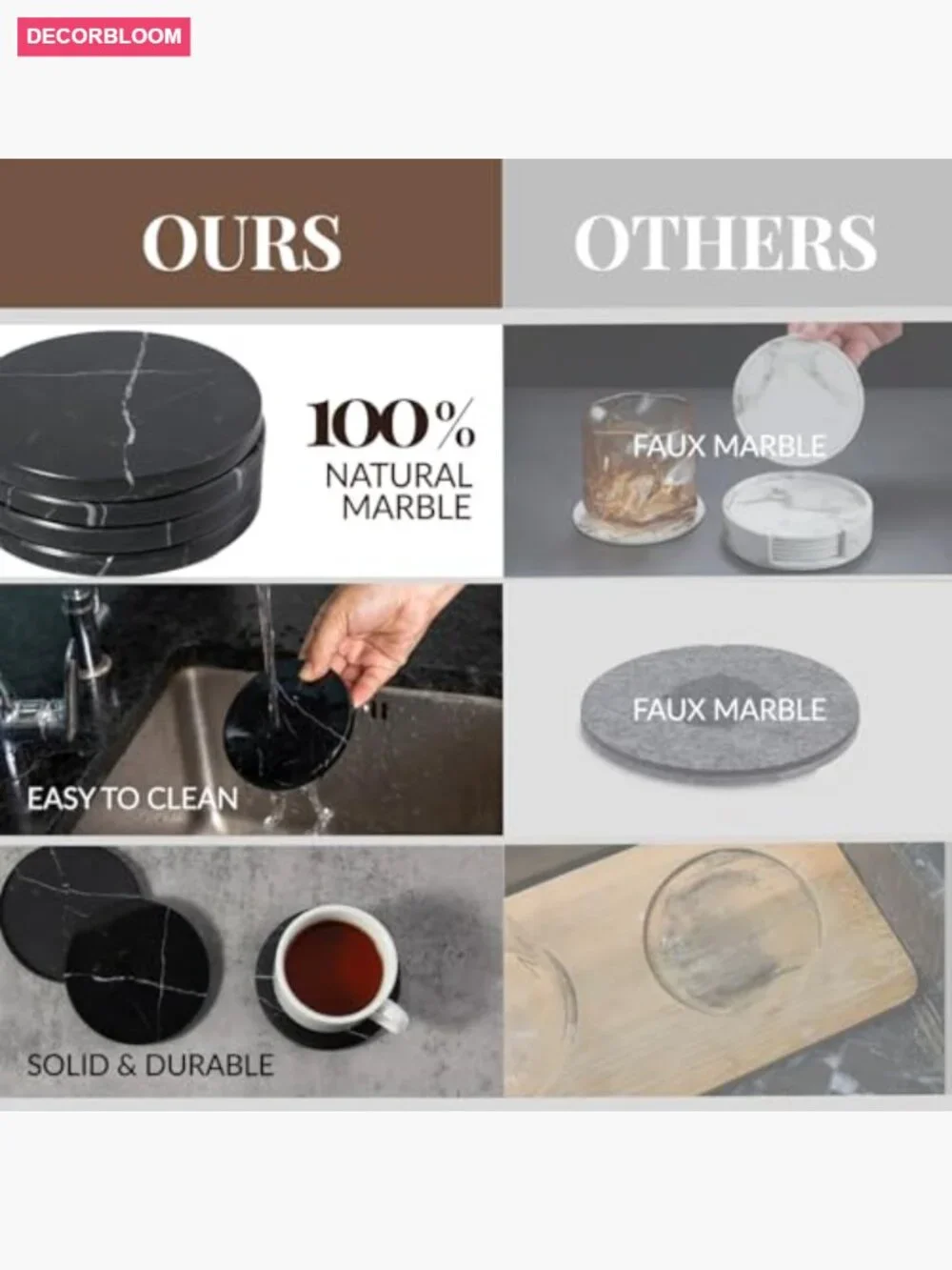 Set of 4 Natural Stone Round Coasters - Heat Resistant Bar